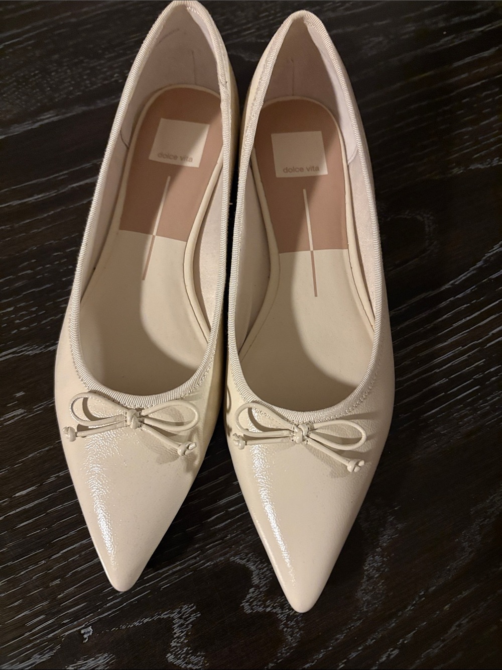 Dolce Vita Cream Pointed Patent Ballet Flats with Bow